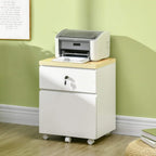 White filing cabinet with two drawers, key lock, and caster wheels; printer on top.