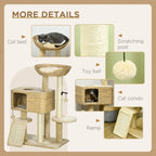 Beige cat tree tower details graphic showing scratching post, toy ball, and ramp