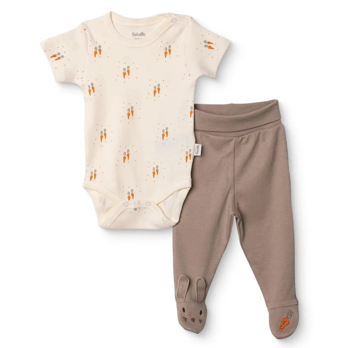 Boys cream bodysuit and taupe footed pants set with carrot animal print and bunny toes