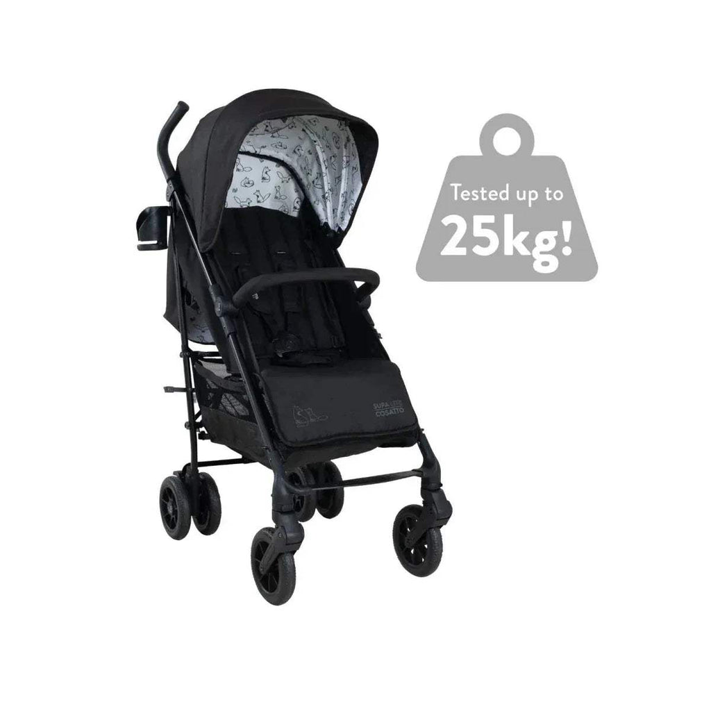 Lightweight stroller with black frame and patterned canopy, front view