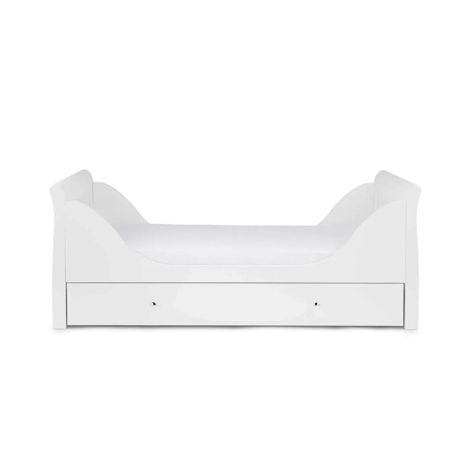 White cot bed with end panels and padded mattress base