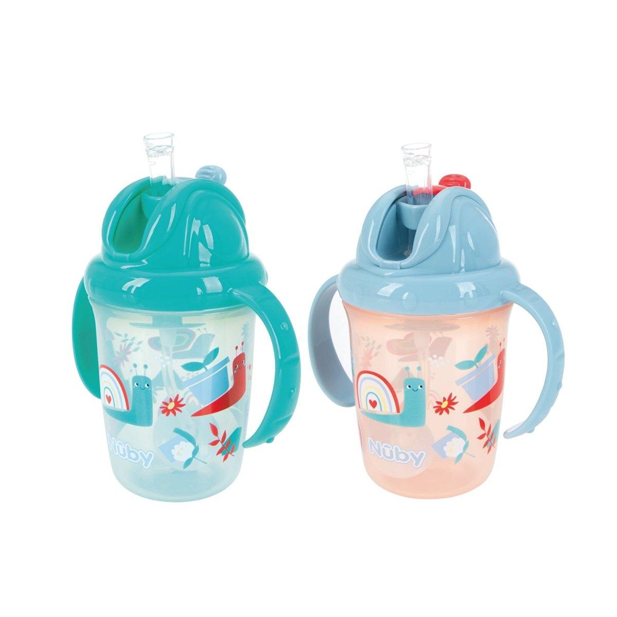 2-pack flip-top sippy cups, teal and light blue with animal-and-flower graphics