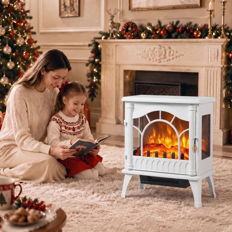 White freestanding electric fireplace stove with glowing logs and arched glass front