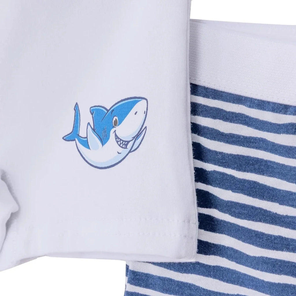 Boys white knickers with blue whale print on leg and striped navy pair beside