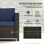 Rattan sofa armrest and dark blue back cushion with woven wicker texture