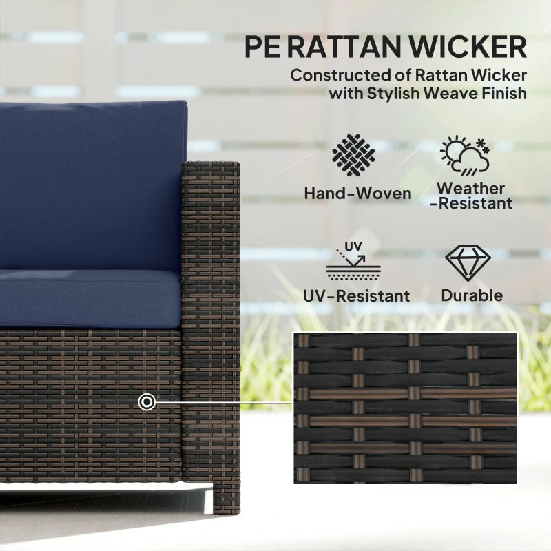 Rattan sofa armrest and dark blue back cushion with woven wicker texture