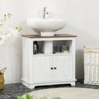 White bathroom under-sink vanity cabinet with two doors and open center shelf