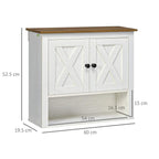White wall-mounted cabinet with wood top, X-panel double doors, and black knobs (size view)