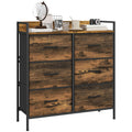 Rustic brown chest with six fabric drawers, black metal frame, and raised top shelf