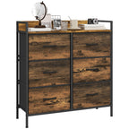Rustic brown chest with six fabric drawers, black metal frame, and raised top shelf