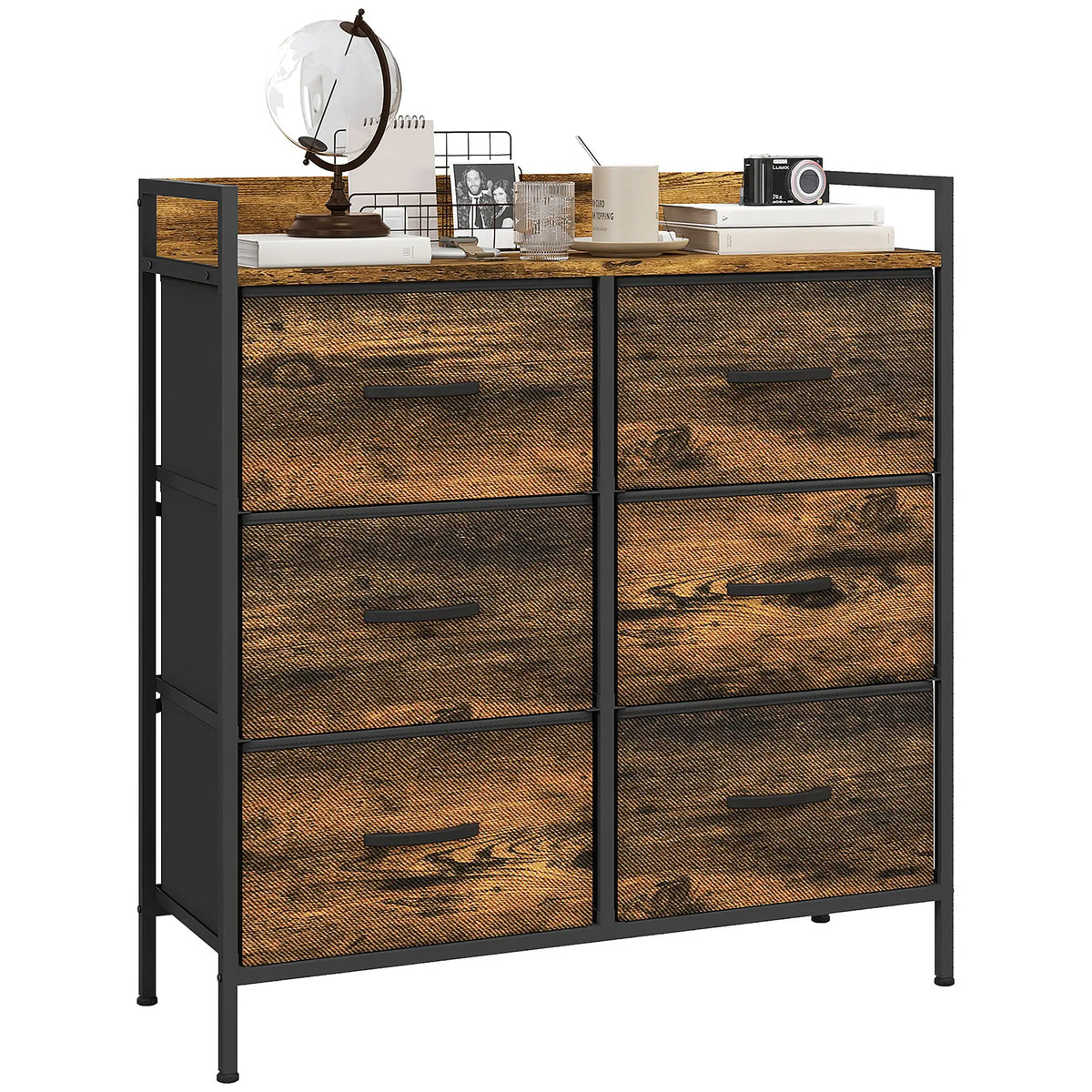 Rustic brown chest with six fabric drawers, black metal frame, and raised top shelf