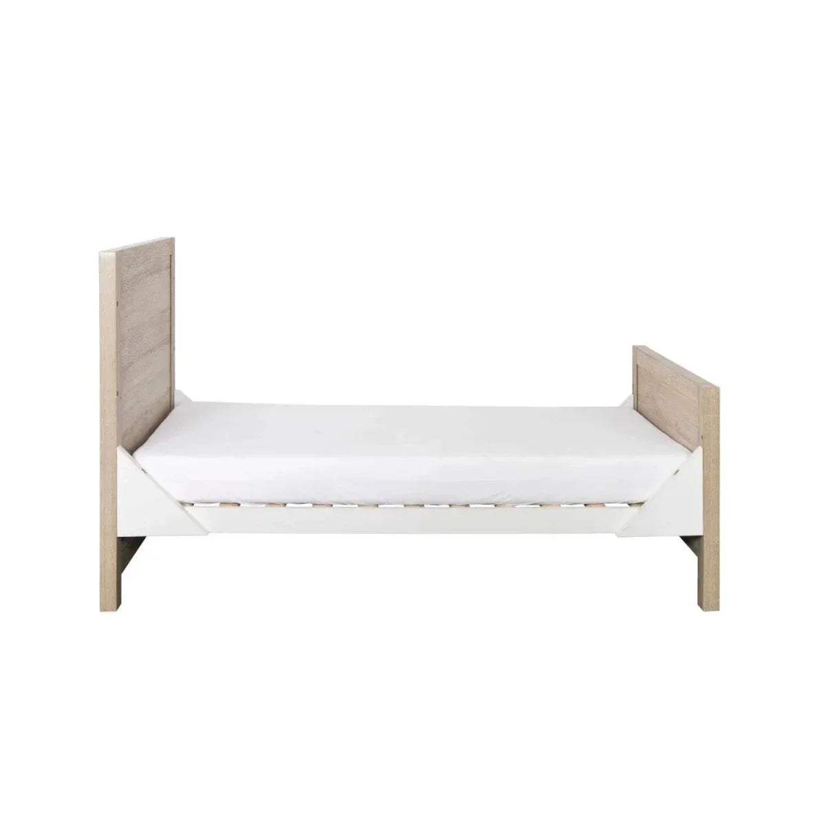 Low junior sofa bed with light oak end panels and white mattress, no side rails