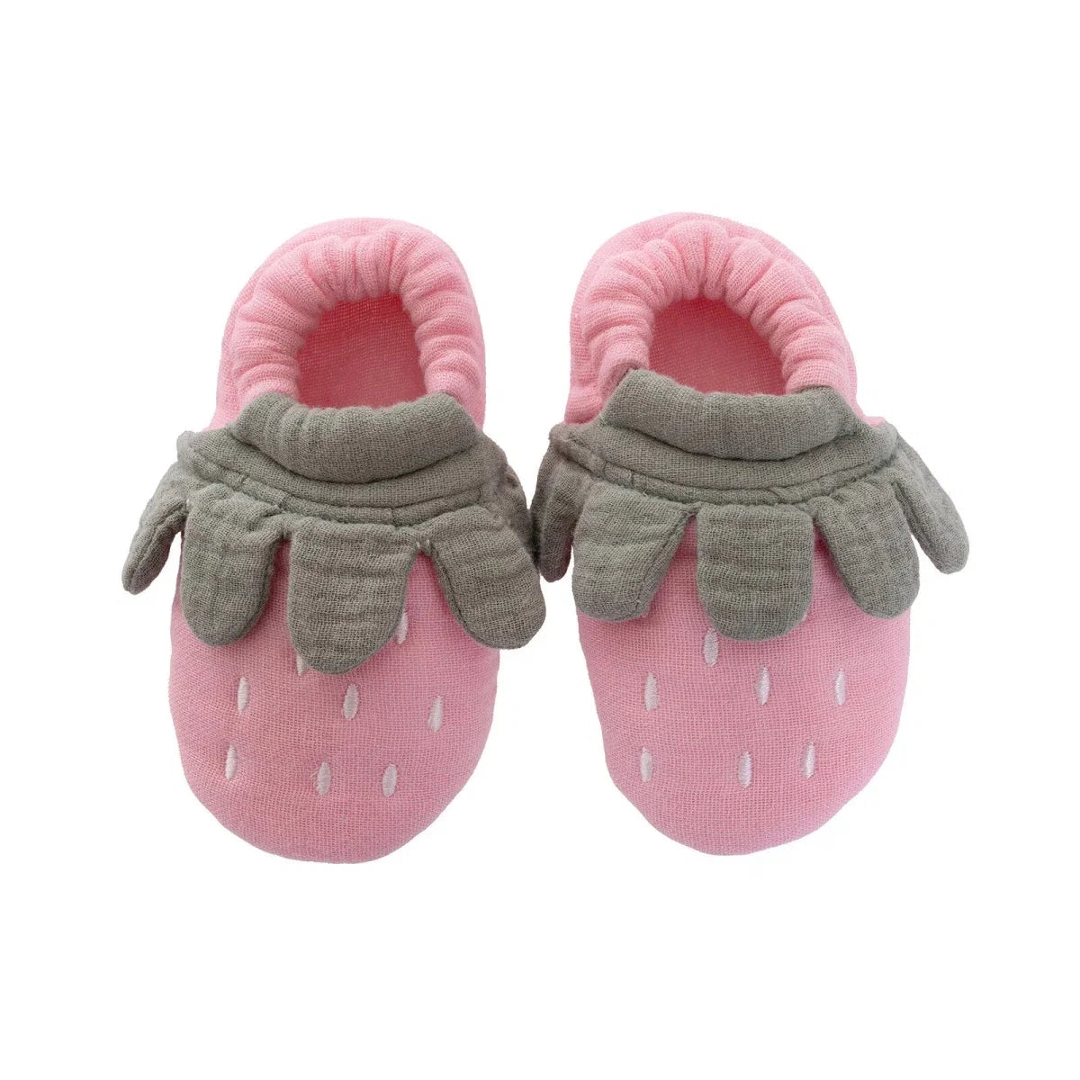 Pink baby booties front view with ribbed gray cuffs and white raindrop pattern