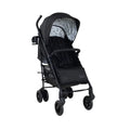 Lightweight stroller with black frame and patterned canopy, front 3/4 view