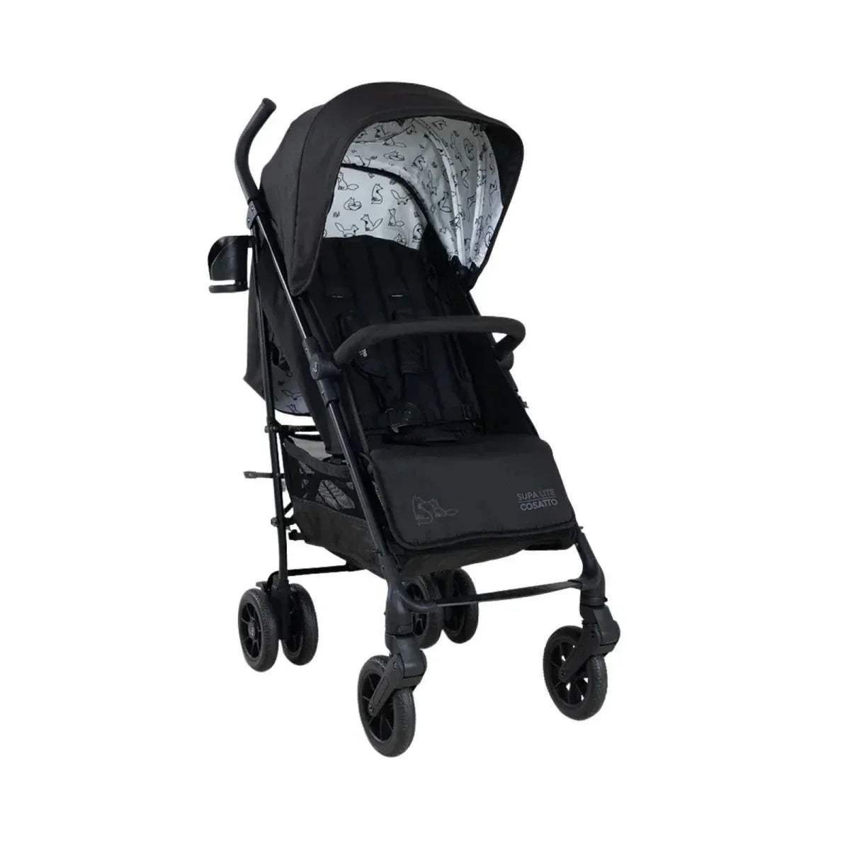Lightweight stroller with black frame and patterned canopy, front 3/4 view