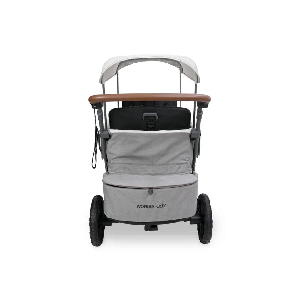 Front view of grey stroller wagon with canopy and padded footwell