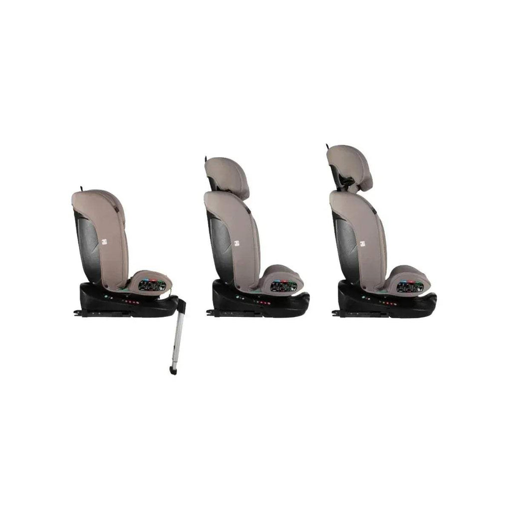 Child car seat shown in several reclined angles, brown shell and dark base