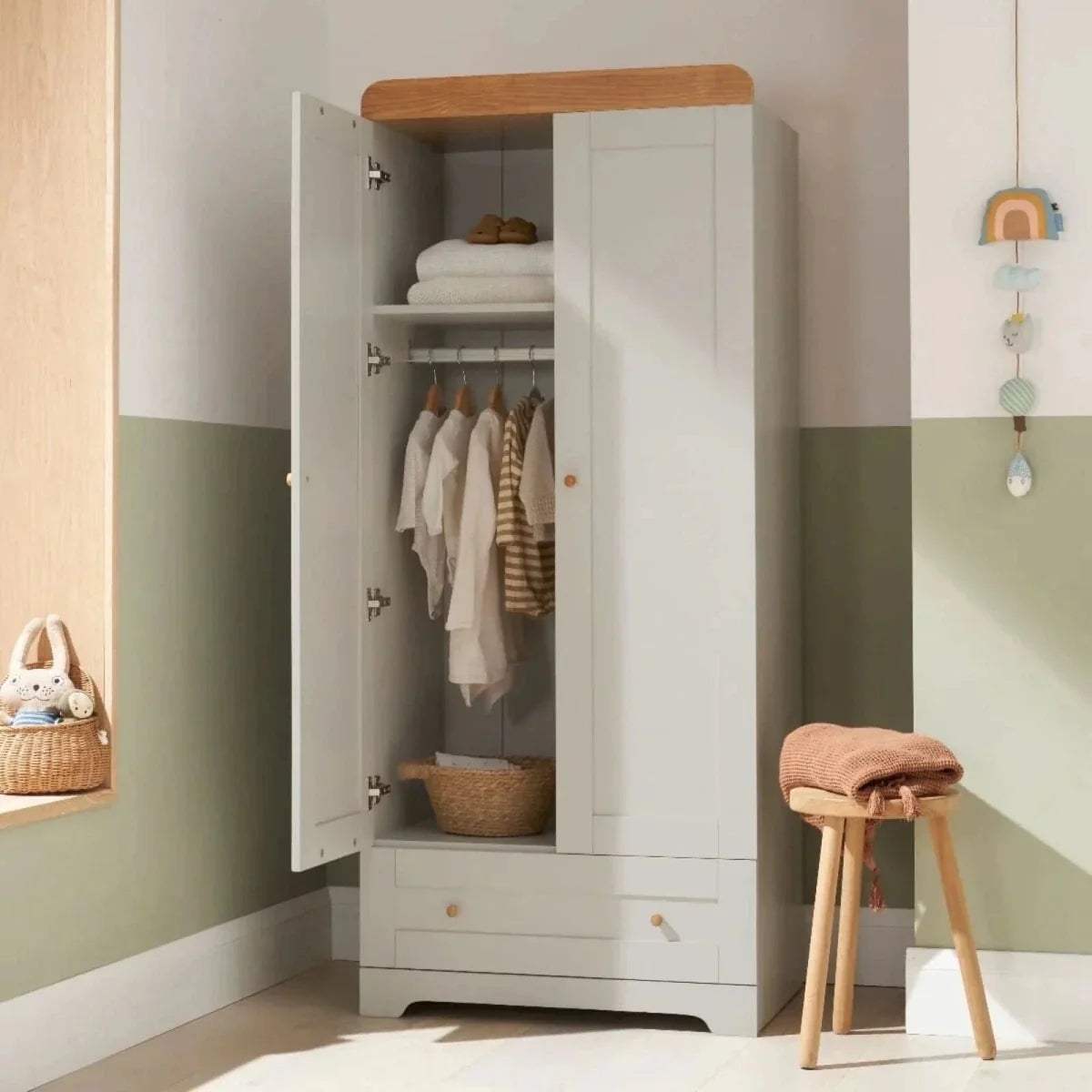 Kids wardrobe open with hanging rail, shelves and drawer, dove grey and oak top