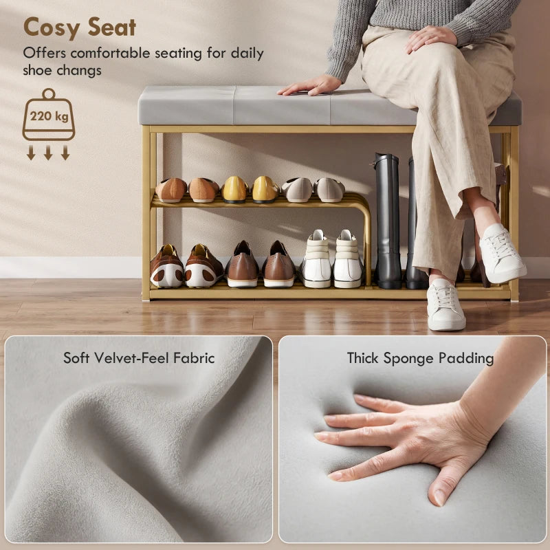 Grey velvet-feel shoe storage bench with thick padded seat and two-tier shoe rack