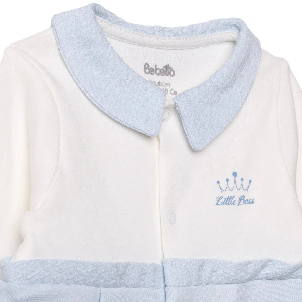 Bebetto Boys Footed Sleepsuit Snap Fastening Little Boss Shirt Collar Full Length Long Sleeve - Blue