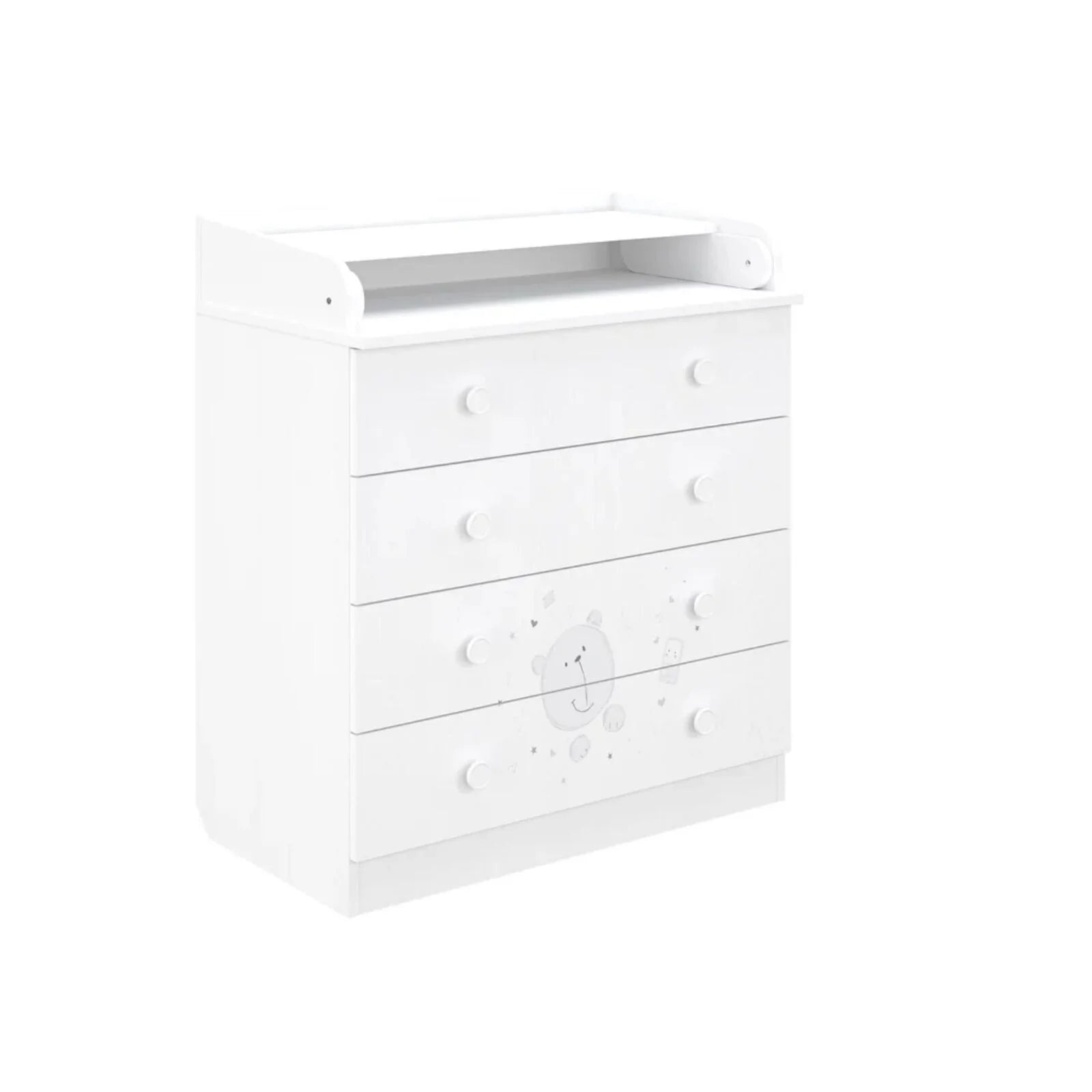 White kids changing dresser corner view with 4 drawers, arched rail, and teddy design