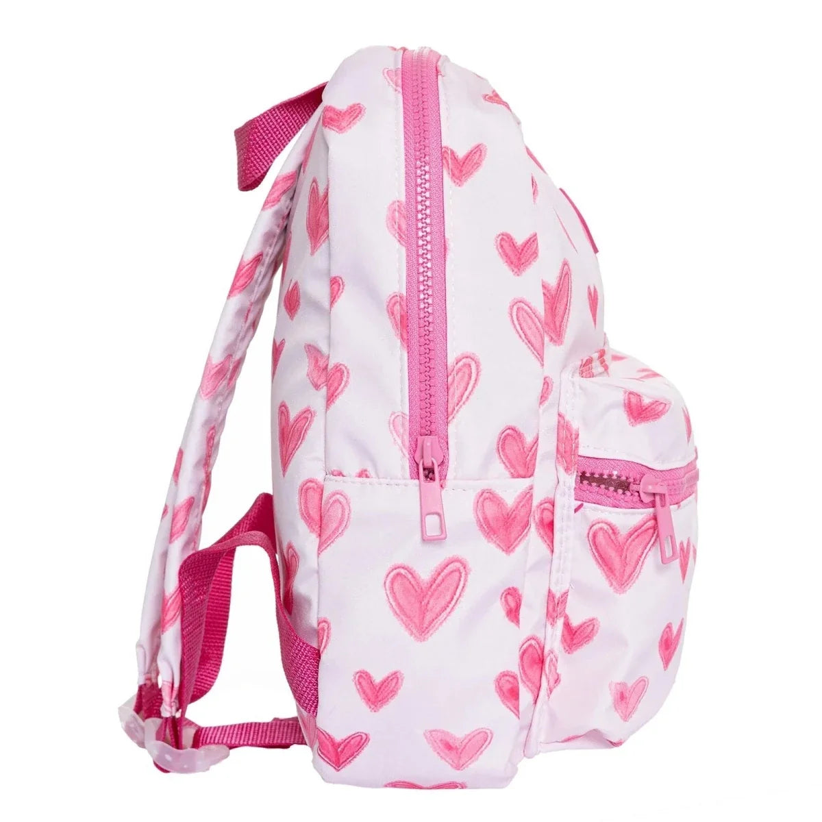 Kids backpack in white with pink hearts, front zipper and side pocket