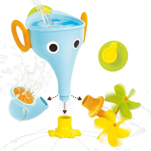 Light blue elephant-trunk bath funnel toy with orange accents and yellow spray parts