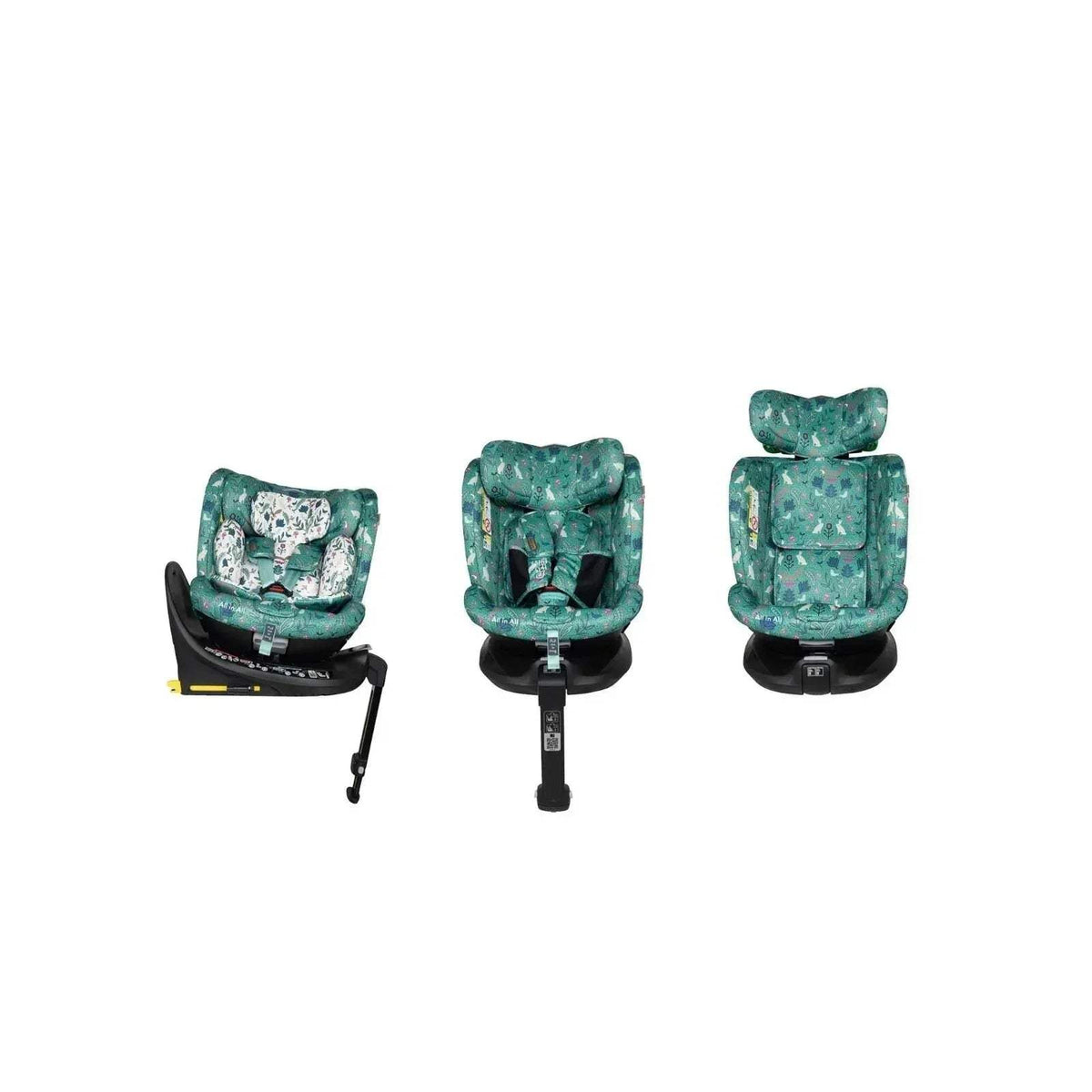 Green woodland infant car seat shown from front, side, and rear angles