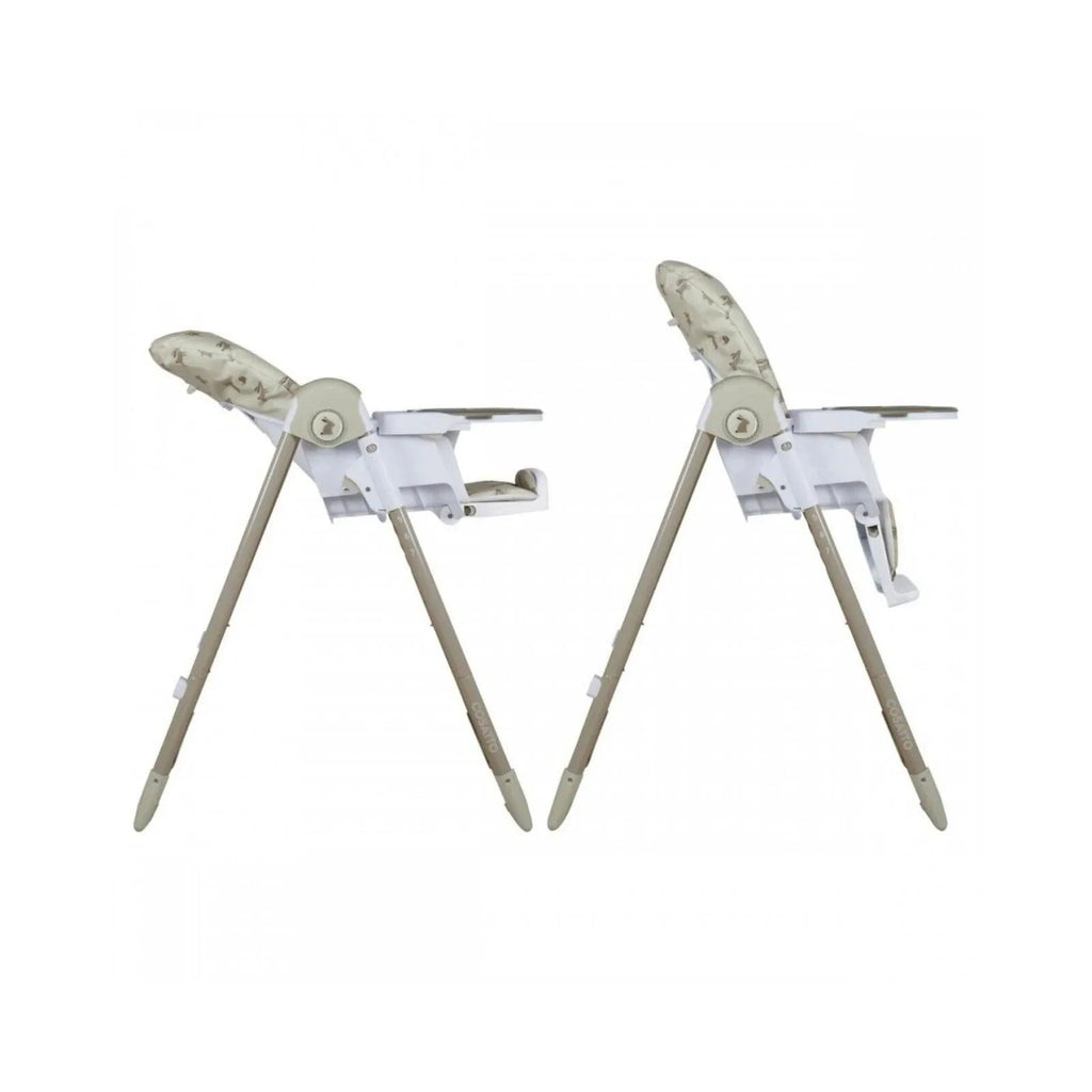 Two baby highchairs with cream animal print seats and white trays, angled views.