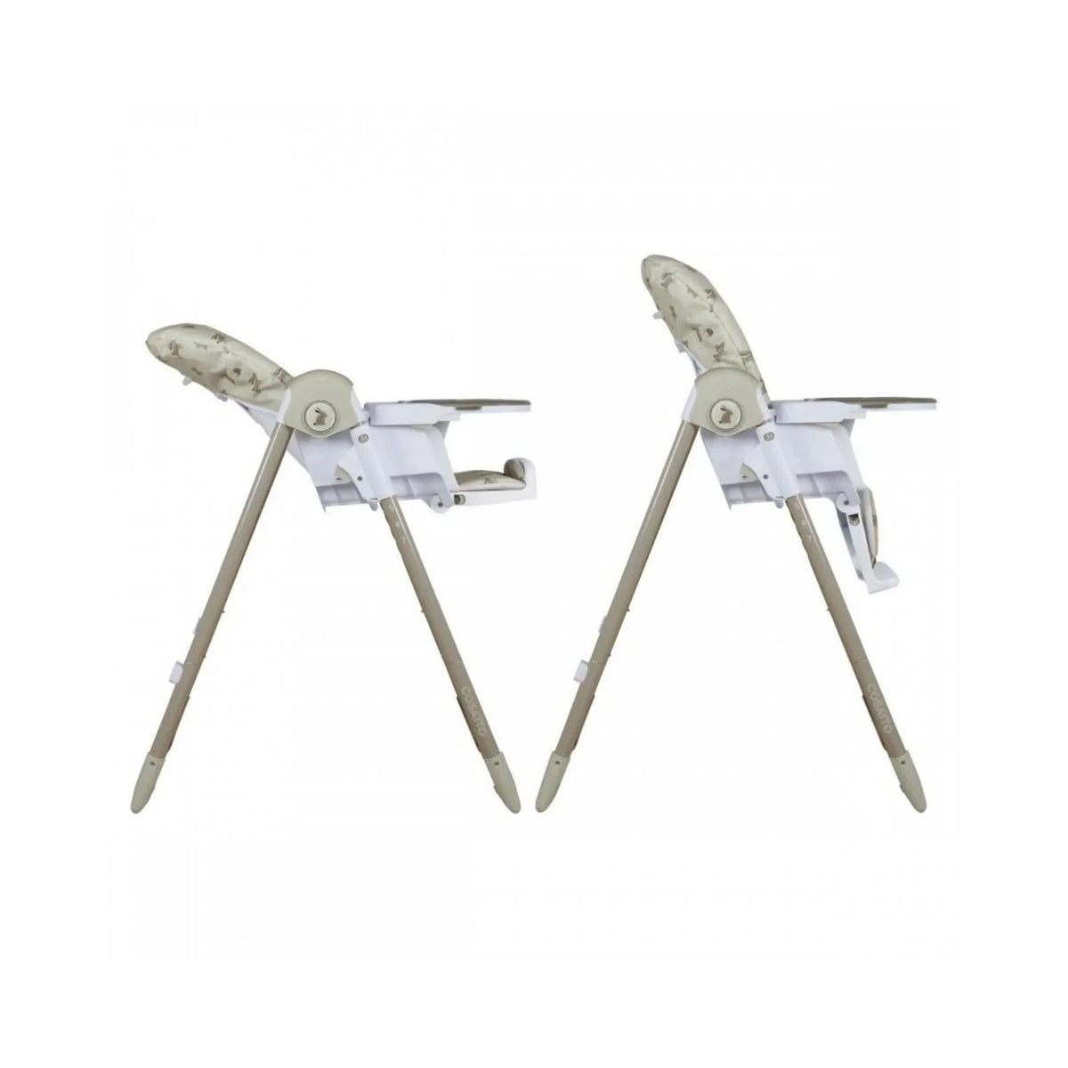 Two baby highchairs with cream animal print seats and white trays, angled views.