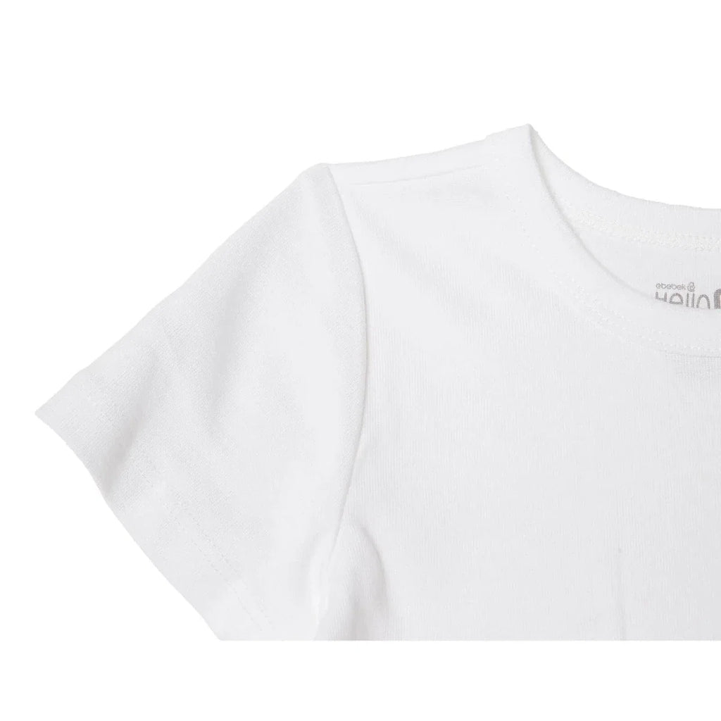 White crew-neck short-sleeve unisex undershirt, close-up of shoulder seam