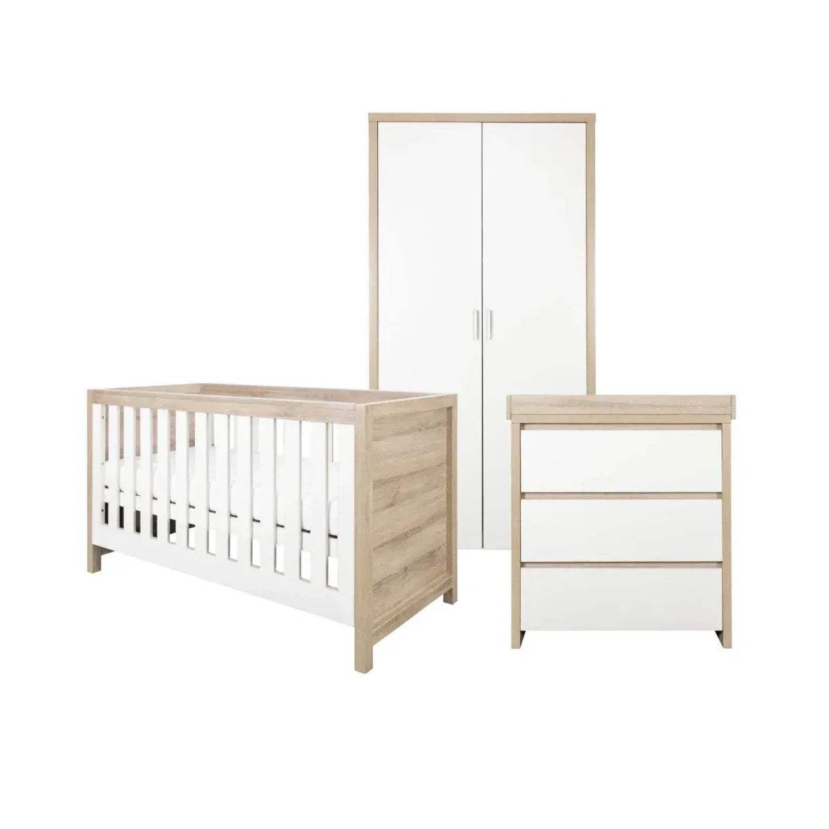 Kids cot bed with light oak frame and white slats, plus matching side cabinet.
