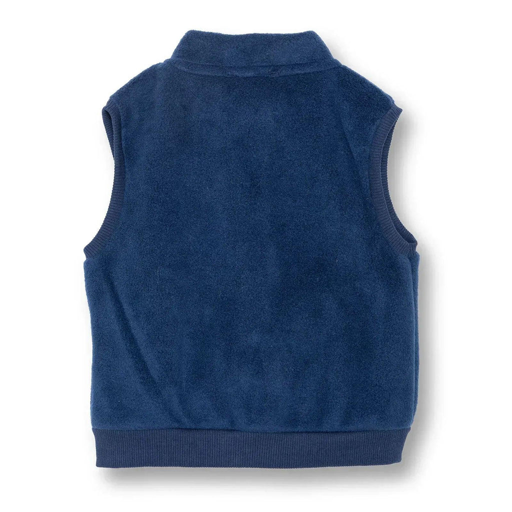 Navy blue fleece baby gilet, sleeveless with funnel neck