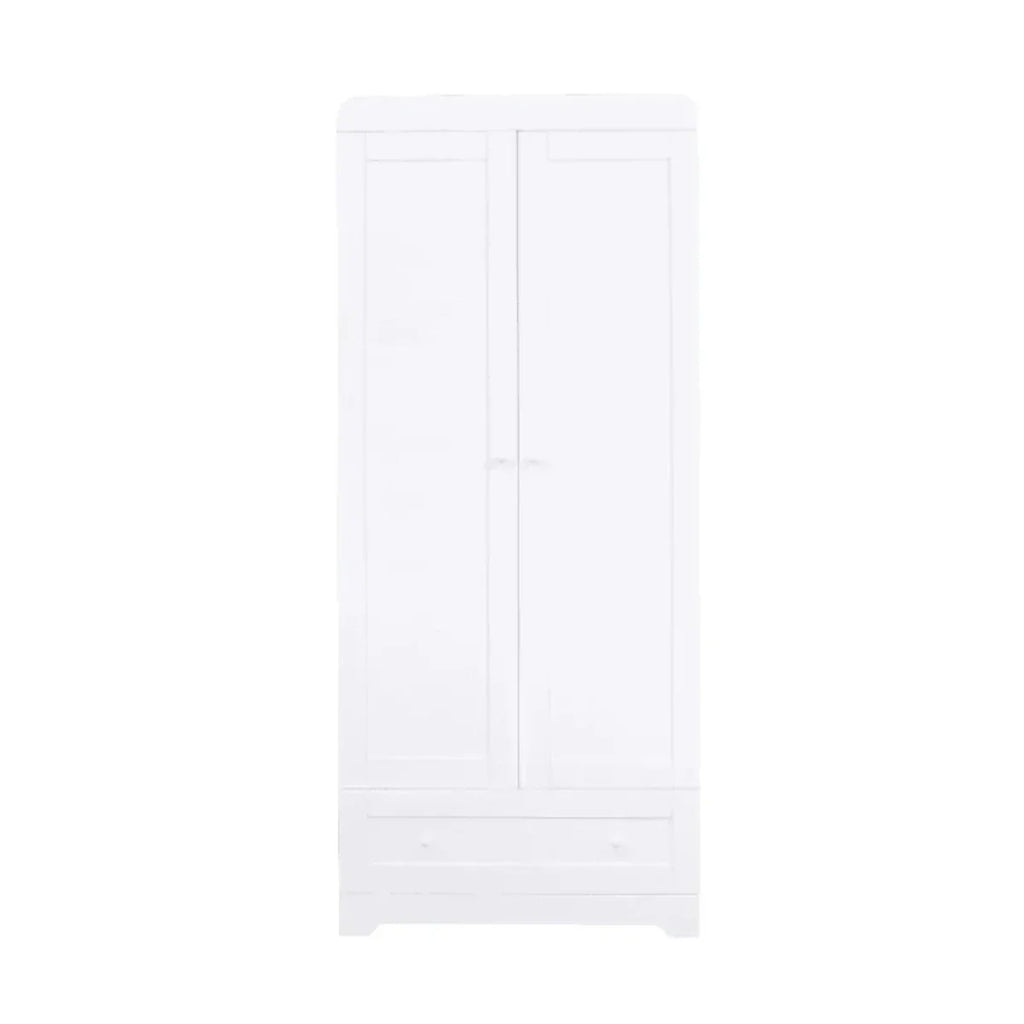 White wardrobe cabinet front with two paneled doors and lower drawer