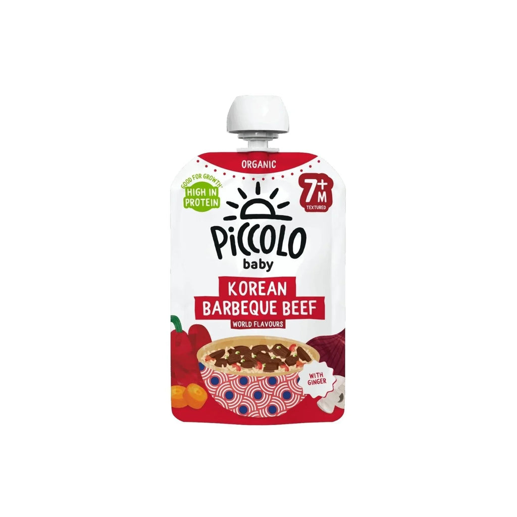 Organic baby food pouch, Korean barbeque beef, red and white label, 130g