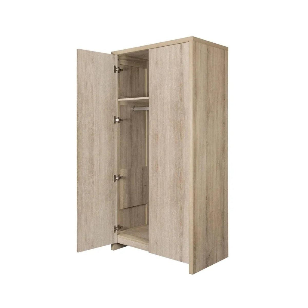 Oak wardrobe with doors open, showing interior shelves and hanging storage space