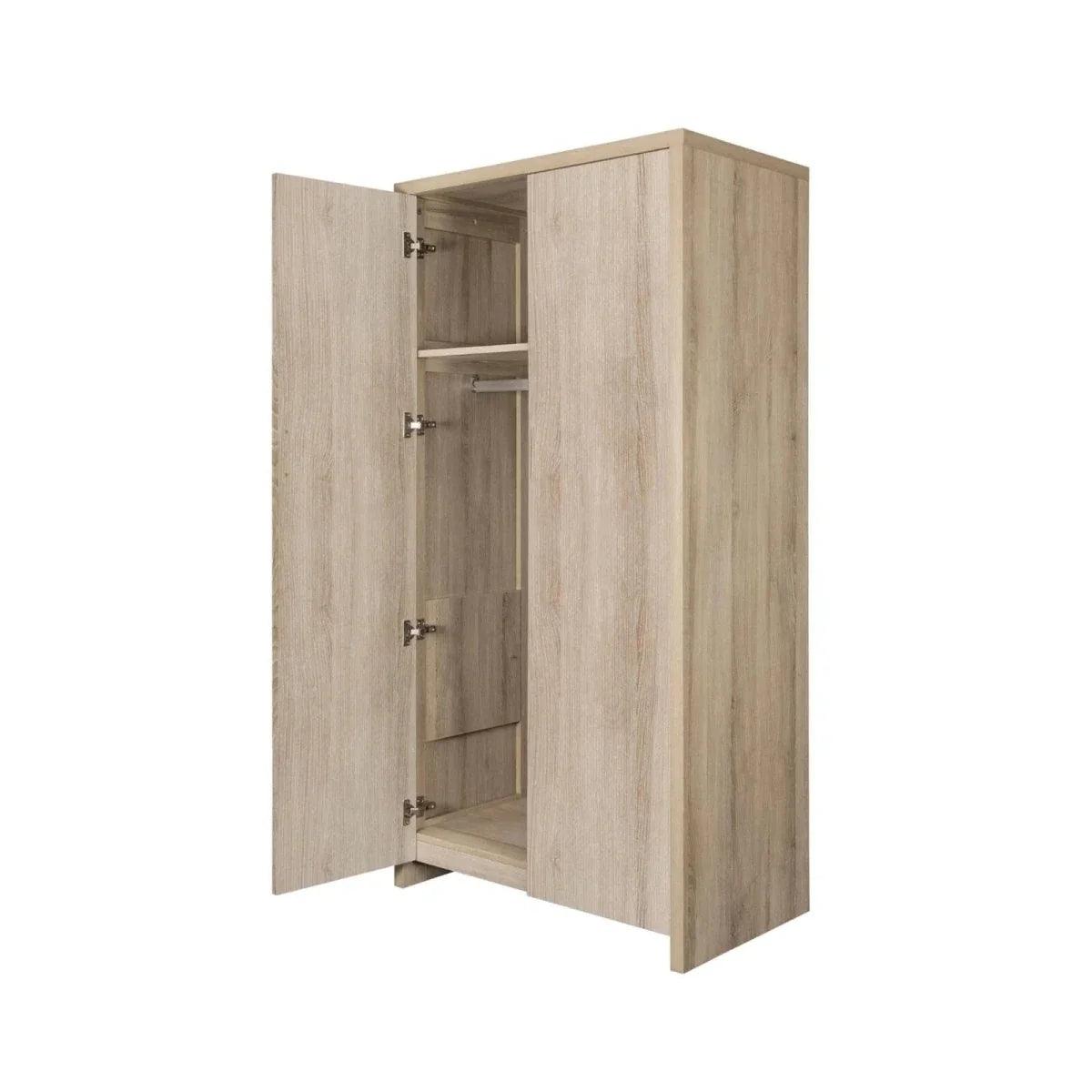 Oak wardrobe with doors open, showing interior shelves and hanging storage space