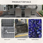 Grey rattan fire pit dining set details showing glass cover, tempered glass, and volcanic rock