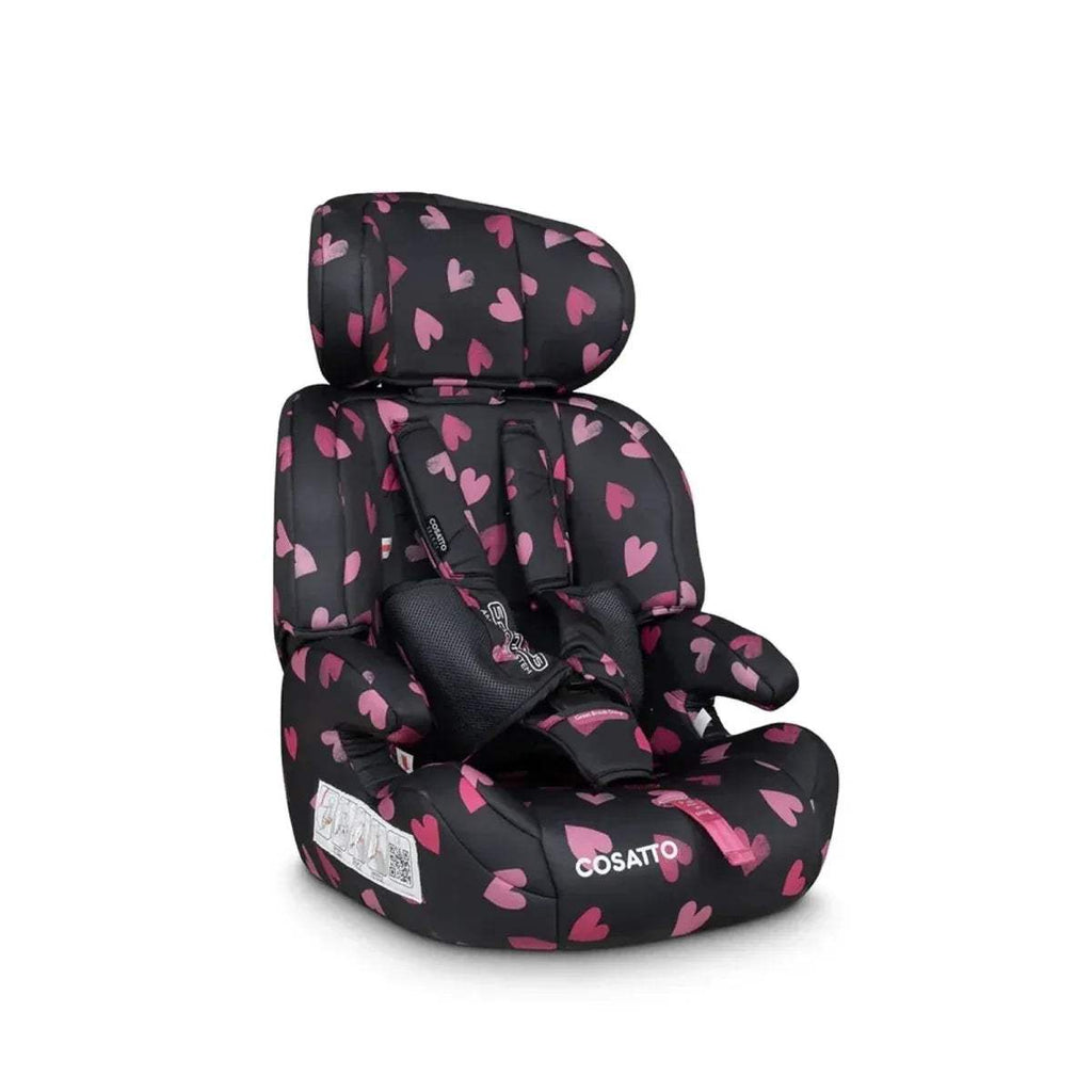 Charcoal child car seat with pink heart print, side view with shoulder harness straps