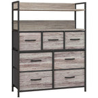 Front view of grey wood-effect storage cabinet with seven fabric drawers