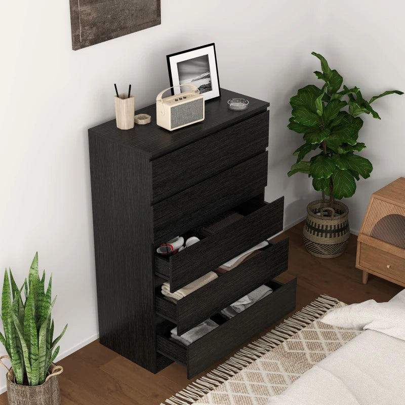 Black 5-drawer dresser cabinet with open drawers for storing clothing and linens.