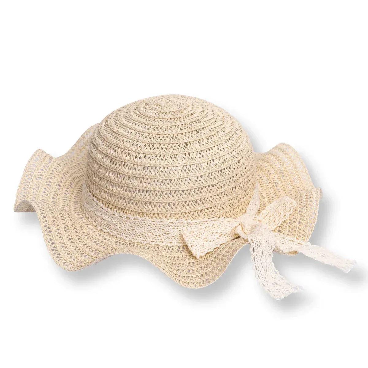 Ecru straw baby hat with wide brim and ribbon trim bow