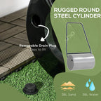 Black round steel cylinder lawn roller with removable drain plug area and handle frame