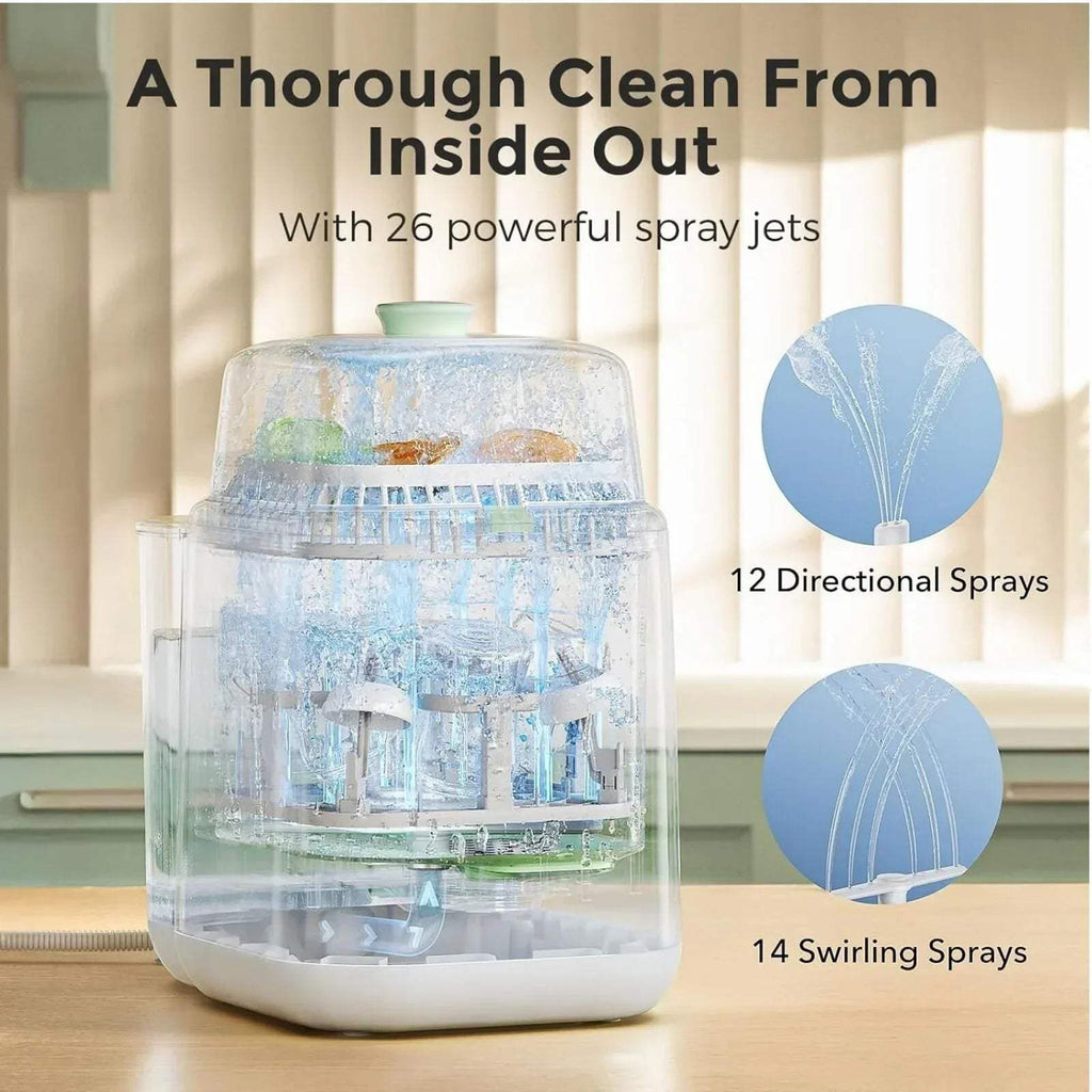 Momcozy baby bottle washer steriliser dryer with transparent chamber showing interior racks