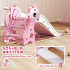 Pink giraffe kids slide with stable triangle frame, white ramp and non-slip steps