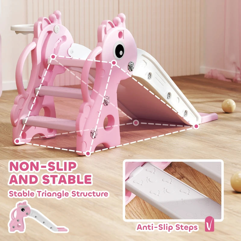 Pink giraffe kids slide with stable triangle frame, white ramp and non-slip steps