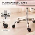 Pink velvet desk chair with plated steel base, chrome stem, and rolling PU casters