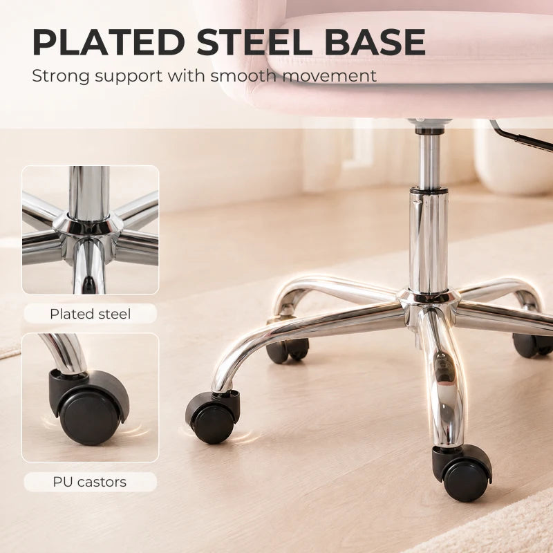 Pink velvet desk chair with plated steel base, chrome stem, and rolling PU casters