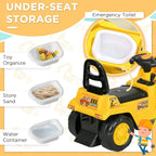 Yellow ride-on bulldozer toy with under-seat storage toilet container