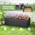 Black raised garden bed with visible reinforcement bars under the planter
